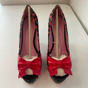 Pinup Couture Cherry Print Heels with Red Bow